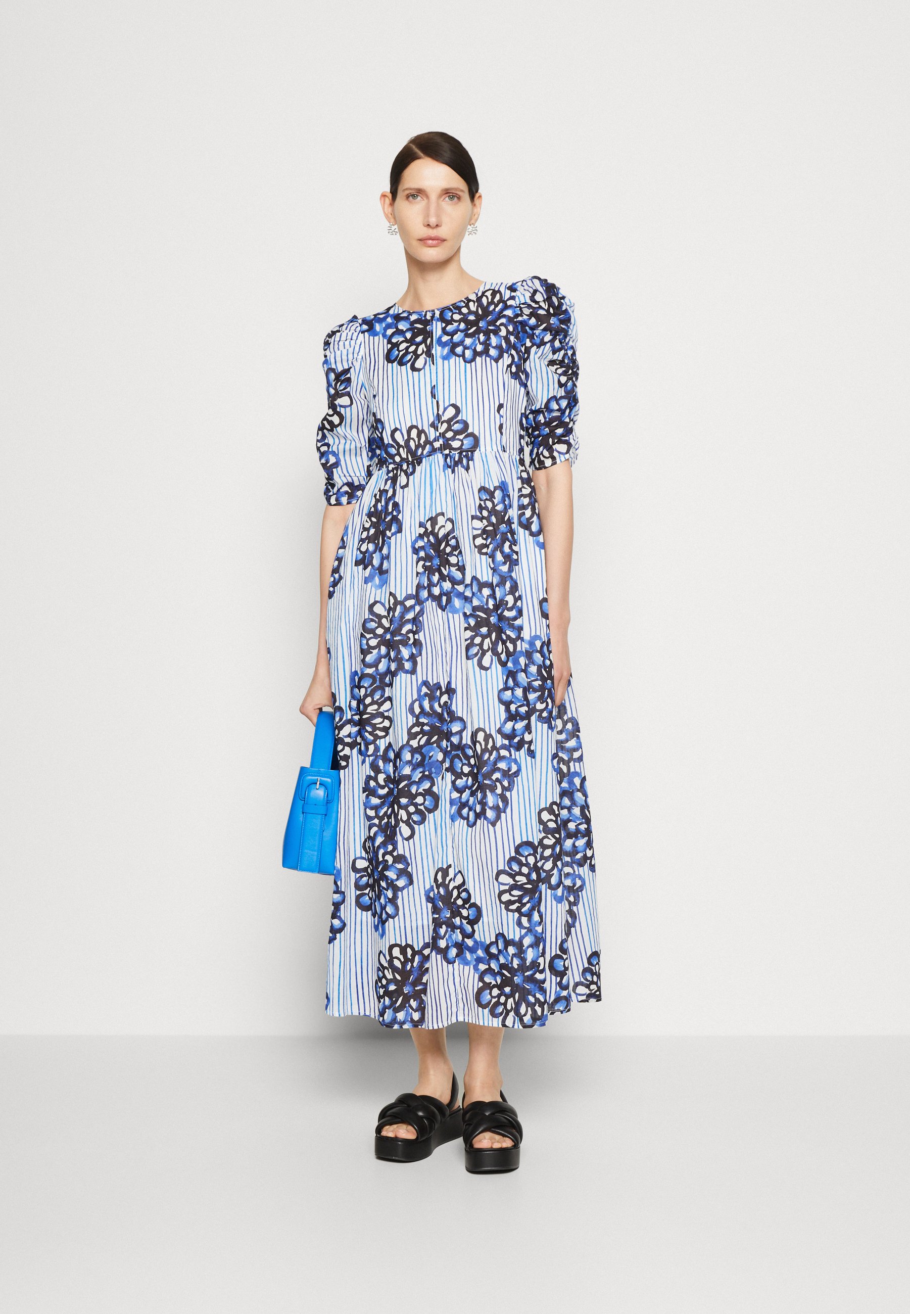 DRESS PRINTED FITTED WAIST PUFFY SLEEVES- Day dress