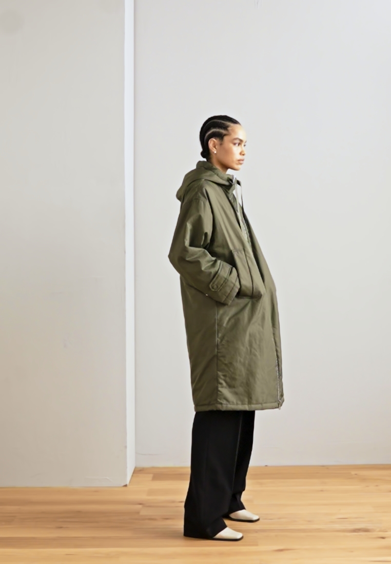 COAT LONG PADDED FIXED HOOD ZIPPER DRAWSTRING WAIST - Parka