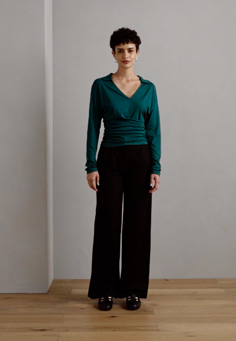 LONG SLEEVE WRAP BLOUSE WITH COLLAR- Long sleeved top