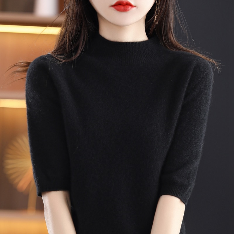 Turtleneck Knitwears Cashmere Sweater Women's Knitted Pullover 100% Merino Wool Short Sleeve 2023 New Female Clothing Jumper Top