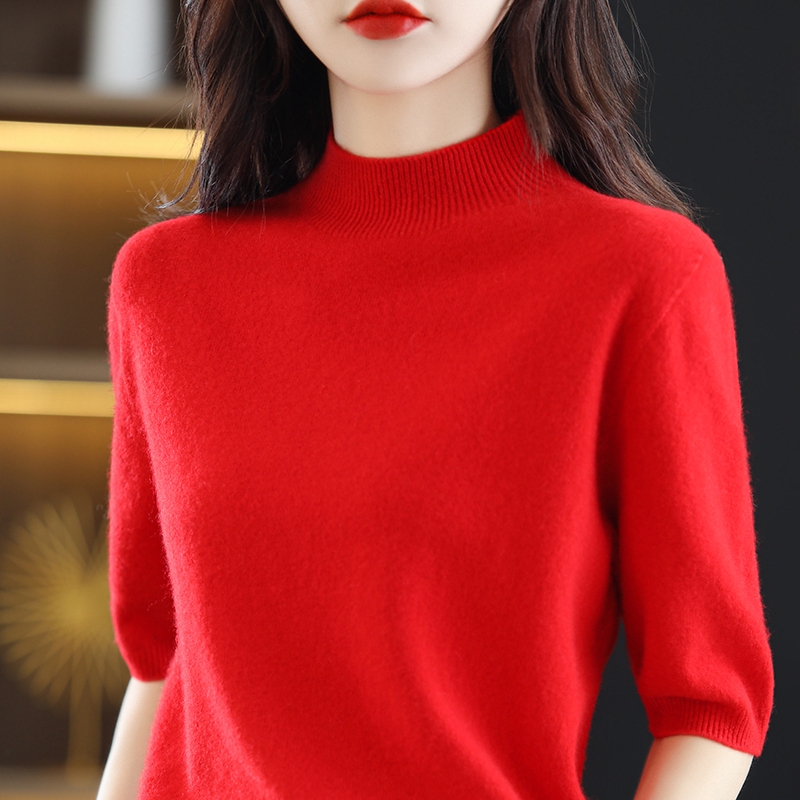 Turtleneck Knitwears Cashmere Sweater Women's Knitted Pullover 100% Merino Wool Short Sleeve 2023 New Female Clothing Jumper Top