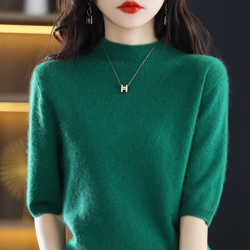 Turtleneck Knitwears Cashmere Sweater Women's Knitted Pullover 100% Merino Wool Short Sleeve 2023 New Female Clothing Jumper Top
