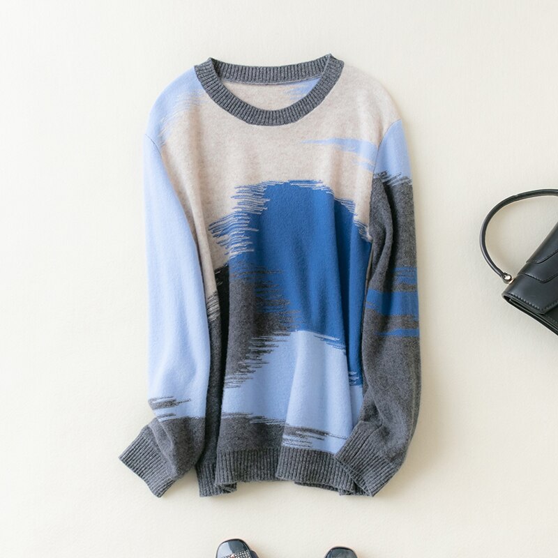 100% Merino Wool Women Sweater Jumpers Autumn Wool Knitted Sweater Winter Warm Sweaters Pullover Print Pullover O-neck