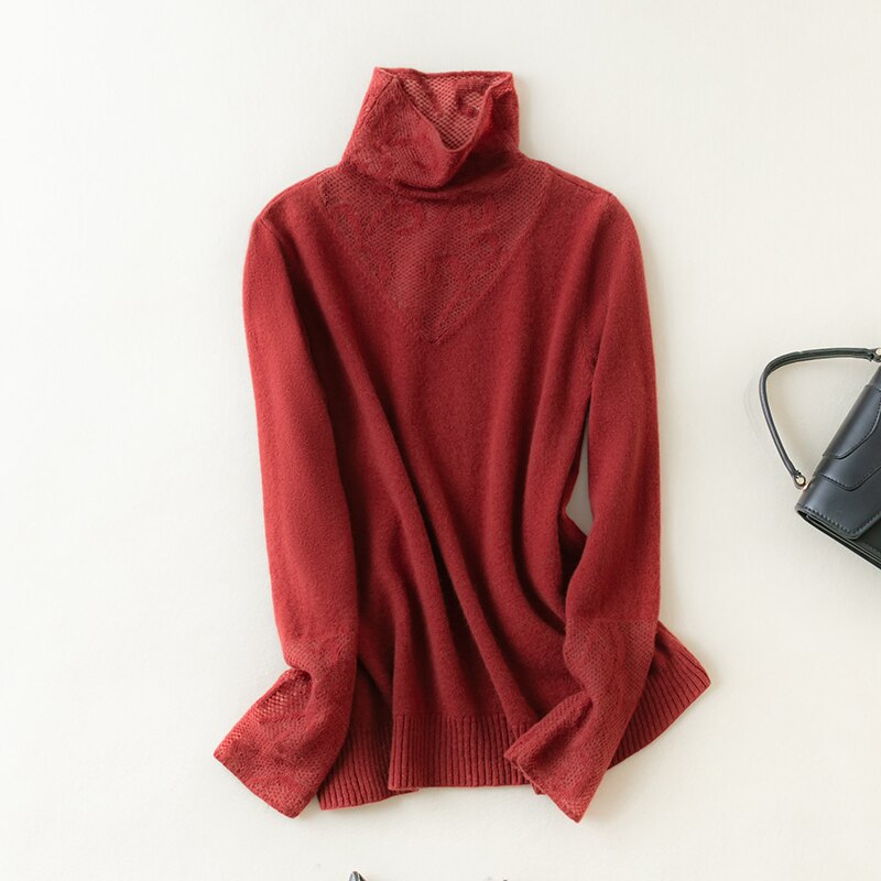 100% Merino Wool Women Sweater Turtleneck Winter Wool Knit Sweater Jumpers Autumn Woman Sweaters Pullover Lace Knit Top