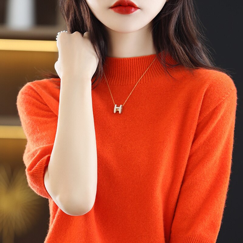 Turtleneck Knitwears Cashmere Sweater Women's Knitted Pullover 100% Merino Wool Short Sleeve 2023 New Female Clothing Jumper Top