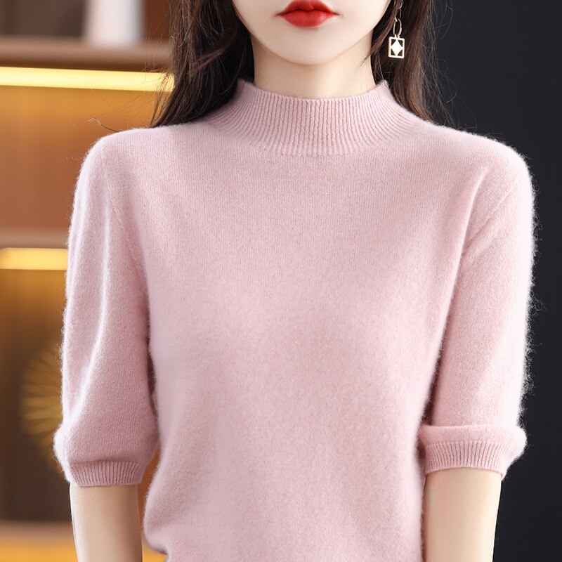 Turtleneck Knitwears Cashmere Sweater Women's Knitted Pullover 100% Merino Wool Short Sleeve 2023 New Female Clothing Jumper Top