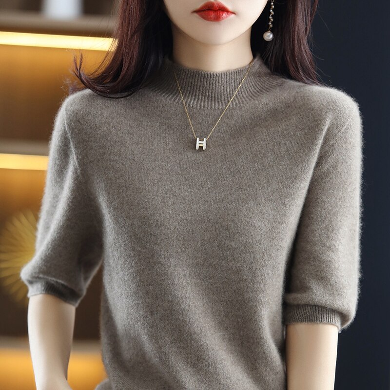 Turtleneck Knitwears Cashmere Sweater Women's Knitted Pullover 100% Merino Wool Short Sleeve 2023 New Female Clothing Jumper Top