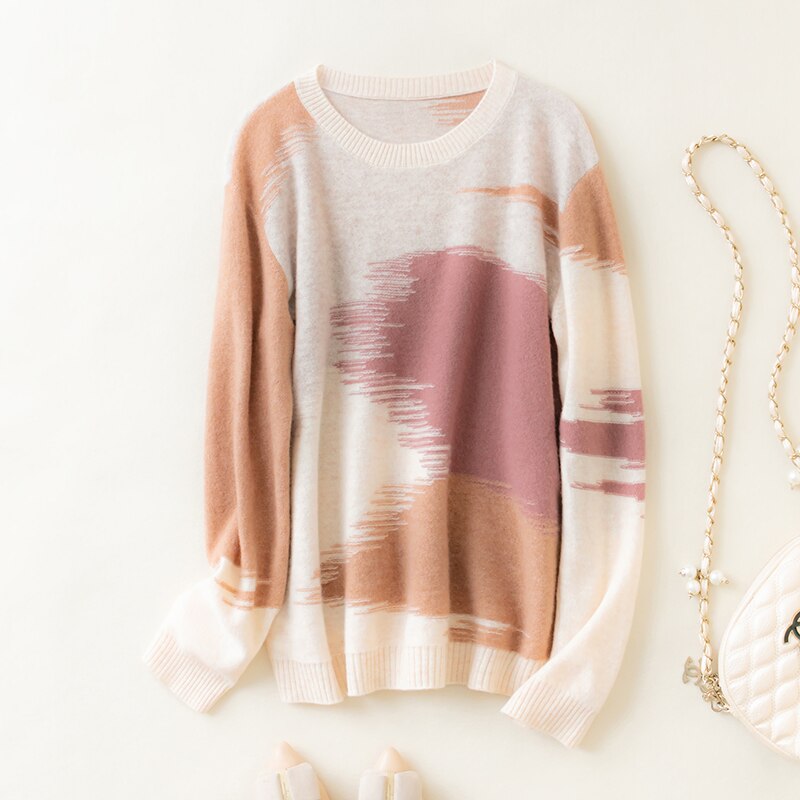 100% Merino Wool Women Sweater Jumpers Autumn Wool Knitted Sweater Winter Warm Sweaters Pullover Print Pullover O-neck