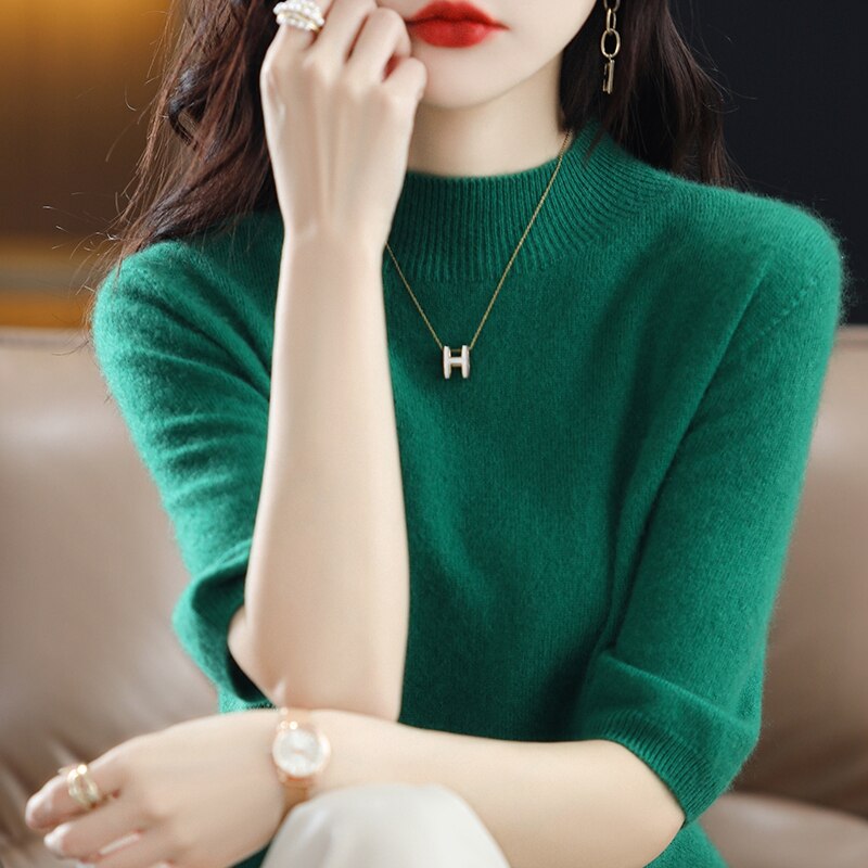 Turtleneck Knitwears Cashmere Sweater Women's Knitted Pullover 100% Merino Wool Short Sleeve 2023 New Female Clothing Jumper Top
