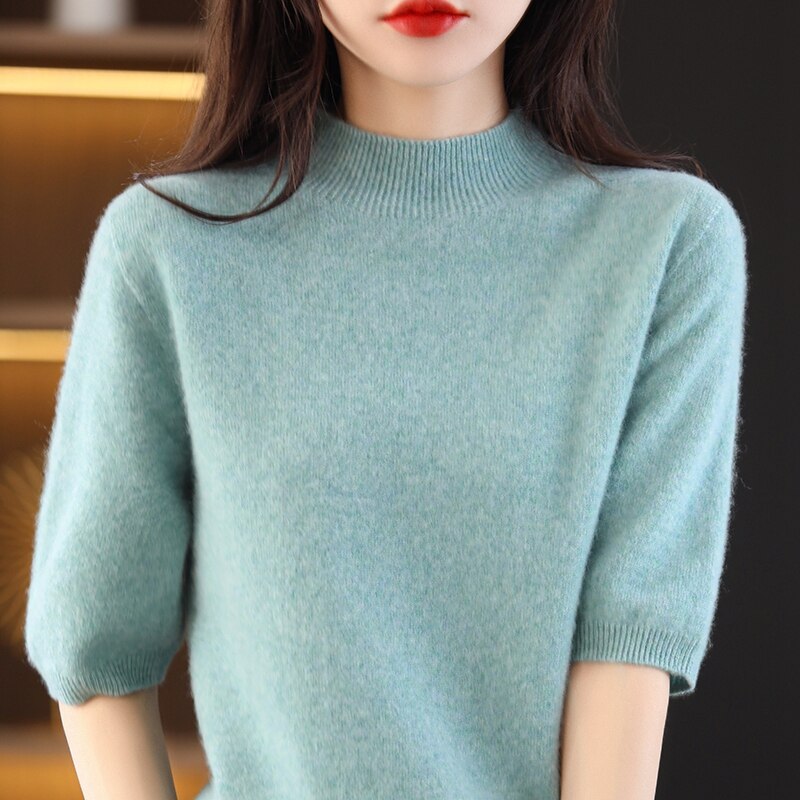 Turtleneck Knitwears Cashmere Sweater Women's Knitted Pullover 100% Merino Wool Short Sleeve 2023 New Female Clothing Jumper Top