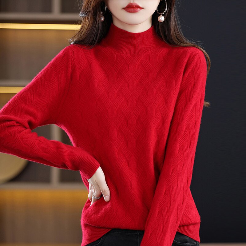 Turtleneck Sweaters Winter Tops for Women Knitwears Pullover Cashmere Female Clothing 100% Wool Long Sleeve Knit Fashion Jumpers