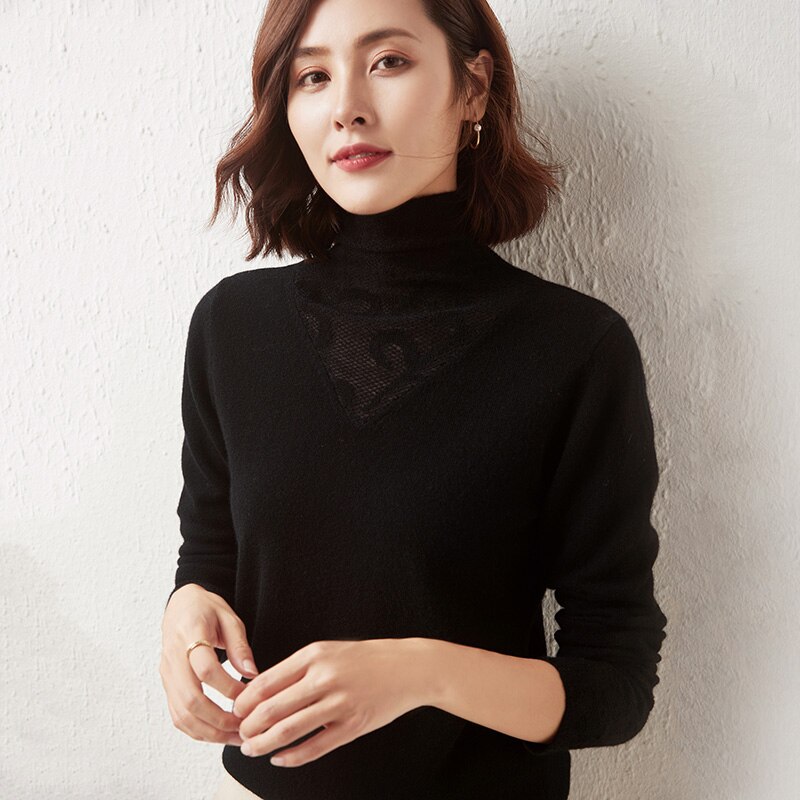 100% Merino Wool Women Sweater Turtleneck Winter Wool Knit Sweater Jumpers Autumn Woman Sweaters Pullover Lace Knit Top