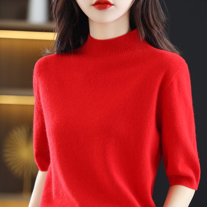 Turtleneck Knitwears Cashmere Sweater Women's Knitted Pullover 100% Merino Wool Short Sleeve 2023 New Female Clothing Jumper Top