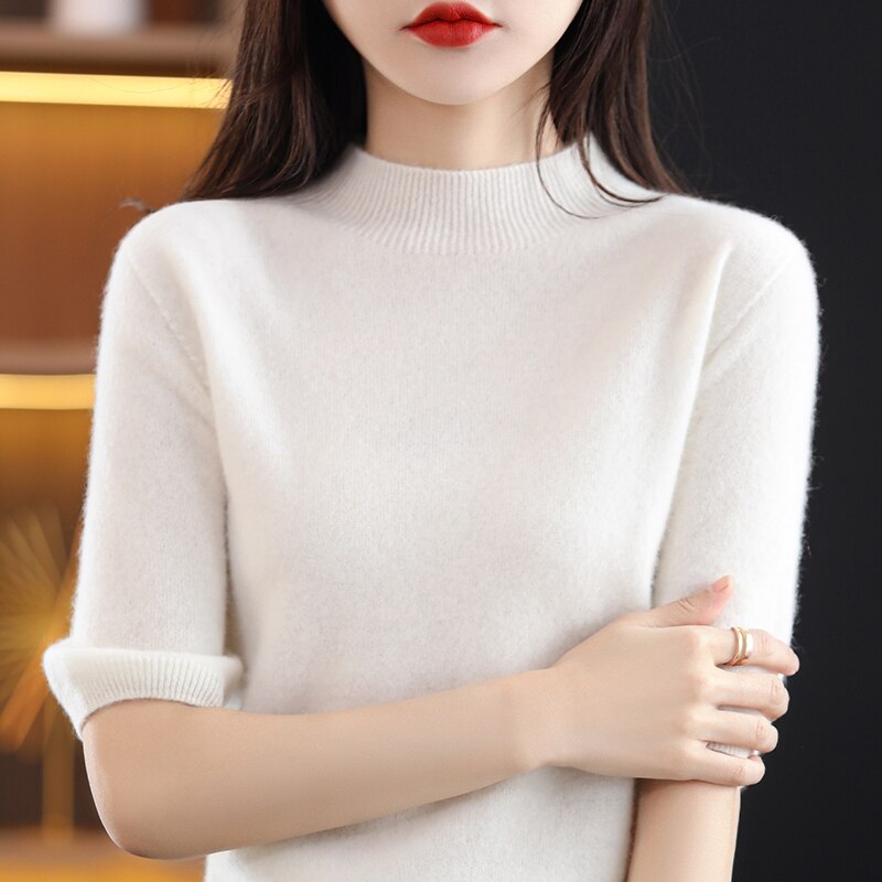 Turtleneck Knitwears Cashmere Sweater Women's Knitted Pullover 100% Merino Wool Short Sleeve 2023 New Female Clothing Jumper Top