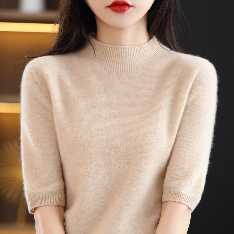 Turtleneck Knitwears Cashmere Sweater Women's Knitted Pullover 100% Merino Wool Short Sleeve 2023 New Female Clothing Jumper Top