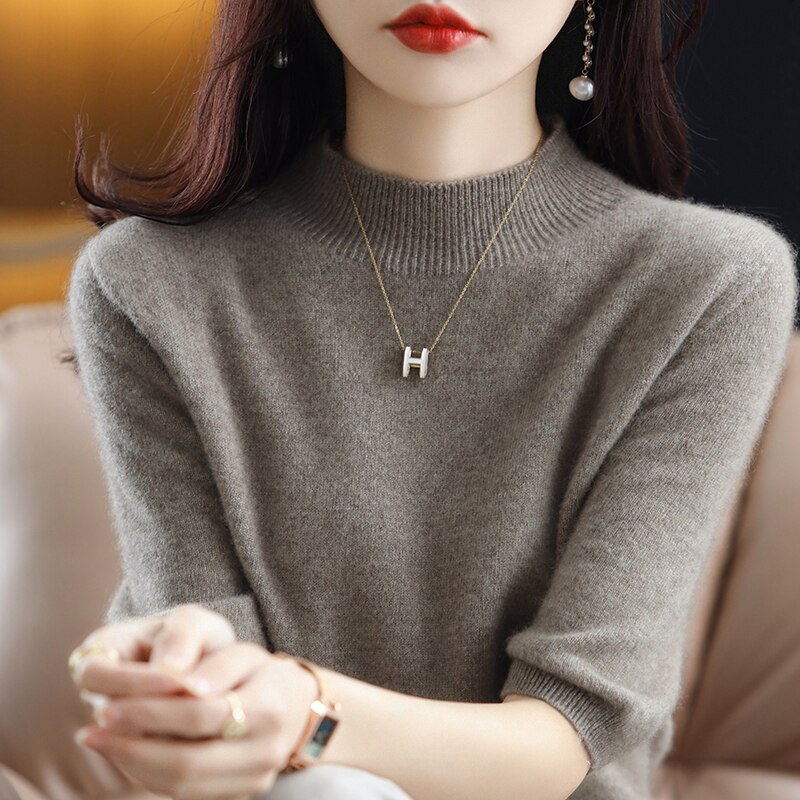 Turtleneck Knitwears Cashmere Sweater Women's Knitted Pullover 100% Merino Wool Short Sleeve 2023 New Female Clothing Jumper Top