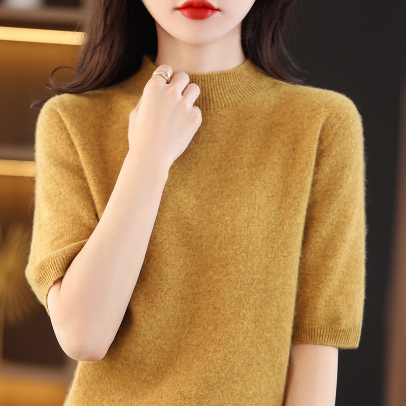 Turtleneck Knitwears Cashmere Sweater Women's Knitted Pullover 100% Merino Wool Short Sleeve 2023 New Female Clothing Jumper Top