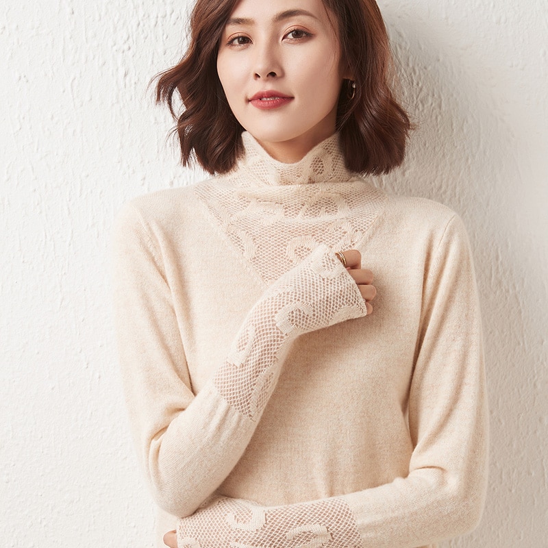 100% Merino Wool Women Sweater Turtleneck Winter Wool Knit Sweater Jumpers Autumn Woman Sweaters Pullover Lace Knit Top