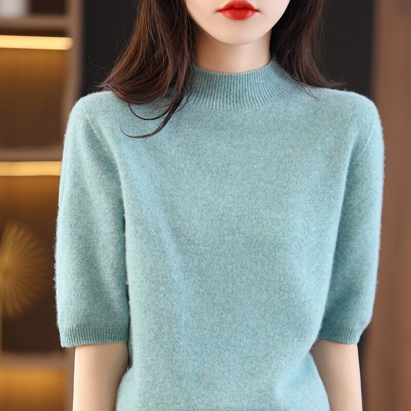 Turtleneck Knitwears Cashmere Sweater Women's Knitted Pullover 100% Merino Wool Short Sleeve 2023 New Female Clothing Jumper Top