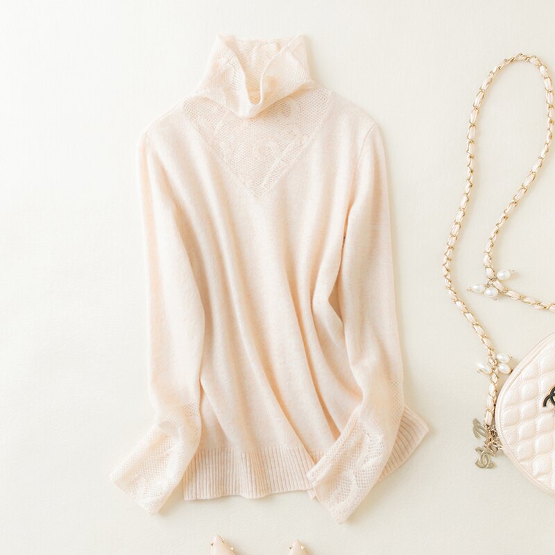 100% Merino Wool Women Sweater Turtleneck Winter Wool Knit Sweater Jumpers Autumn Woman Sweaters Pullover Lace Knit Top