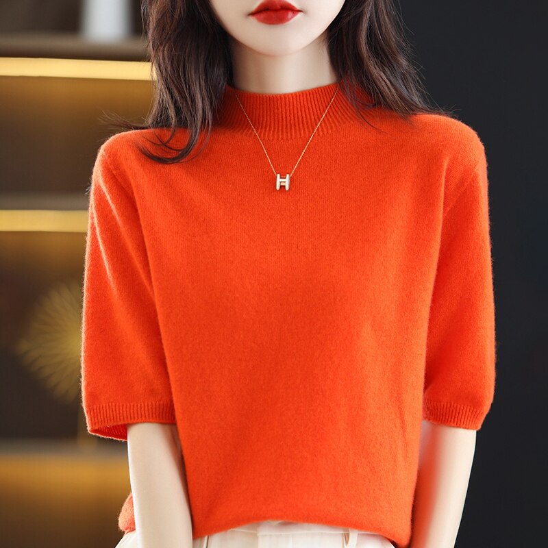 Turtleneck Knitwears Cashmere Sweater Women's Knitted Pullover 100% Merino Wool Short Sleeve 2023 New Female Clothing Jumper Top