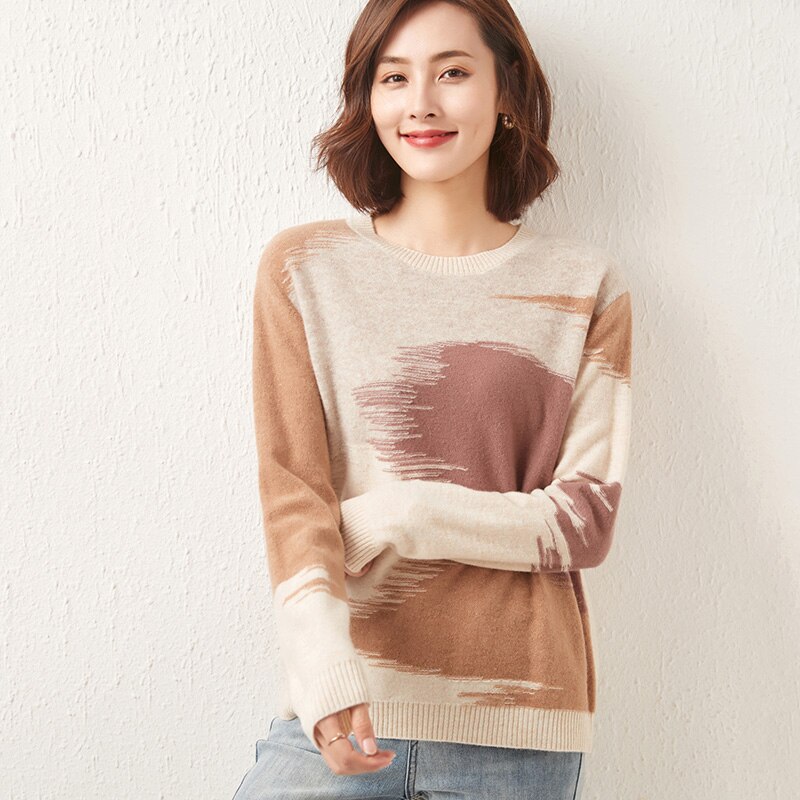 100% Merino Wool Women Sweater Jumpers Autumn Wool Knitted Sweater Winter Warm Sweaters Pullover Print Pullover O-neck