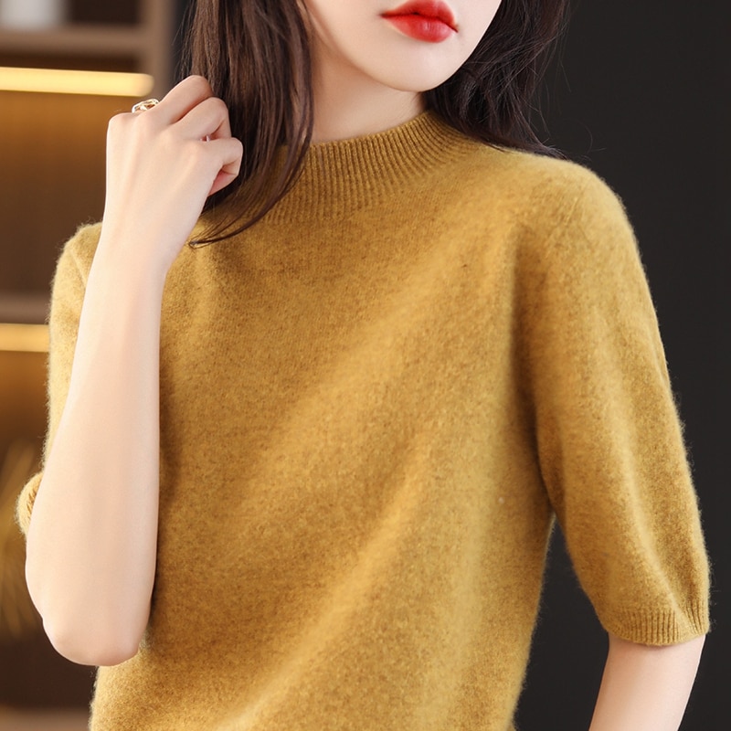 Turtleneck Knitwears Cashmere Sweater Women's Knitted Pullover 100% Merino Wool Short Sleeve 2023 New Female Clothing Jumper Top