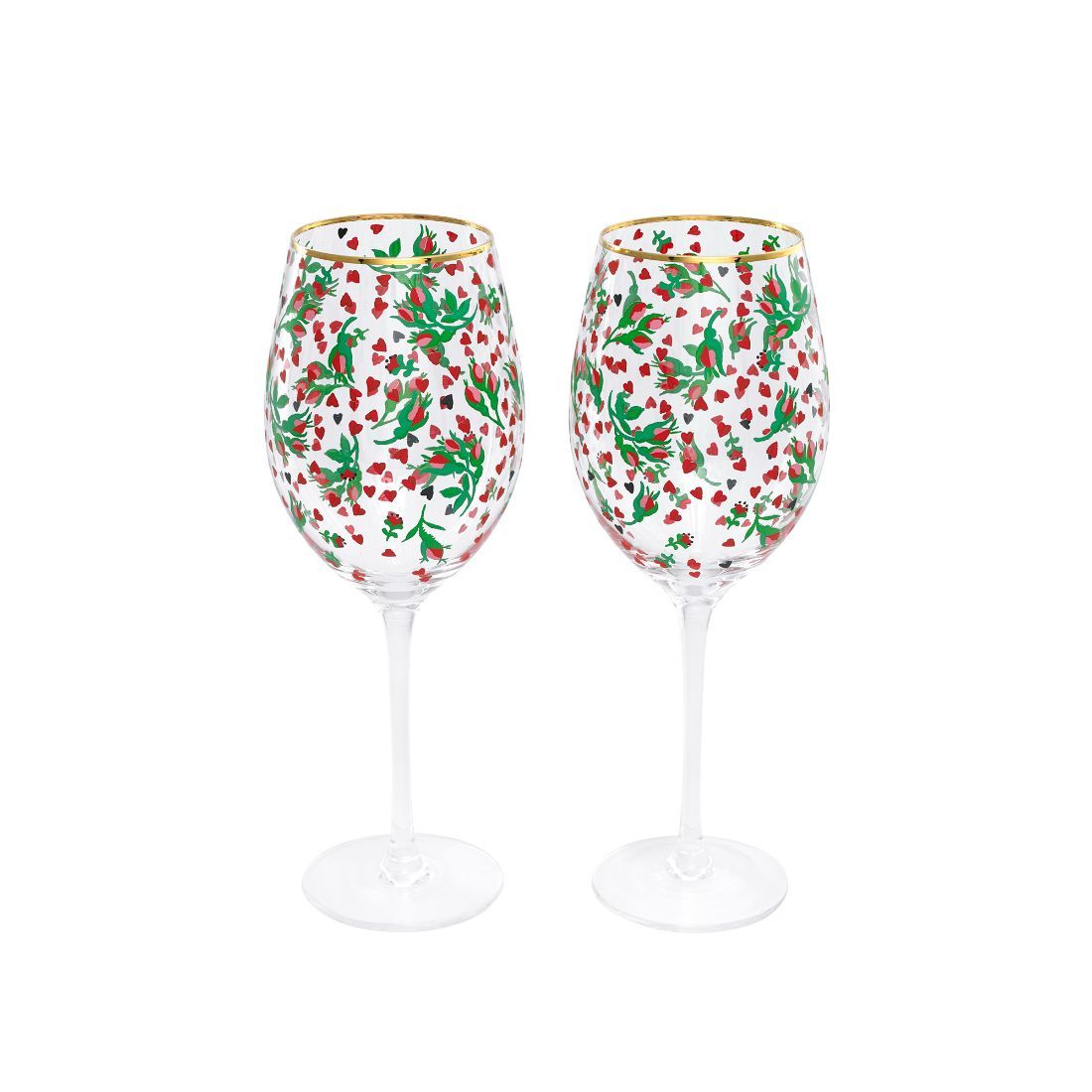 Roses and Hearts Set of 2 Wine Glasses