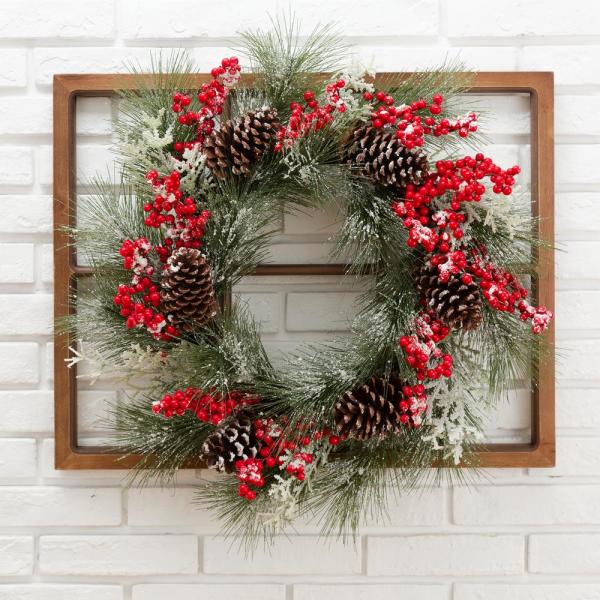 24 in. Unlit Flocked Pinecone and Berry Wreath with Wooden Window Frame