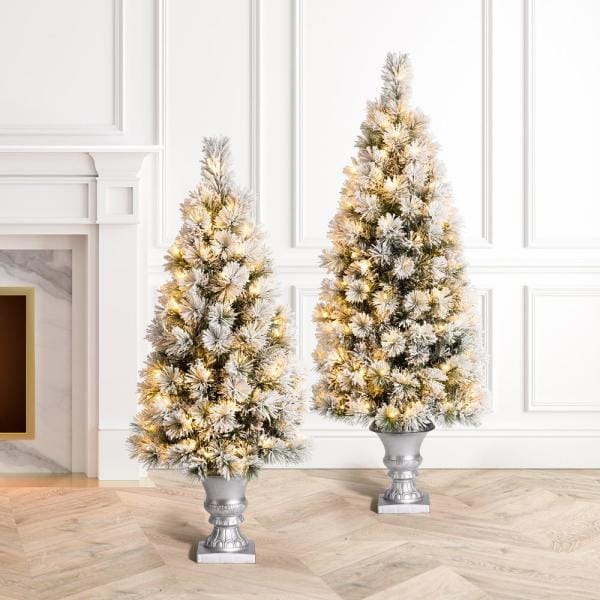 5 ft. Pre-Lit Snow Flocked Pine Artificial Christmas Tree with 150 Warm White Lights (2-Pack)