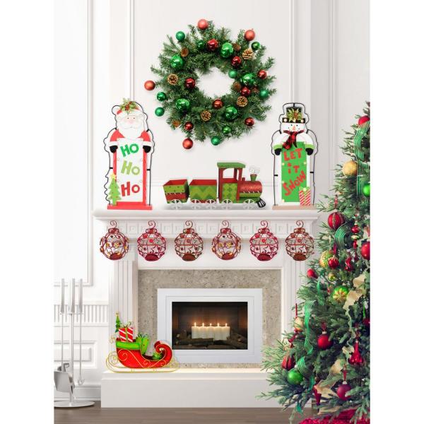 24 in. Artificial Christmas Wreath with Train, Sleigh, Gift Box, Lighted HO HO HO & Let it Snow and Bejeweled Ornaments