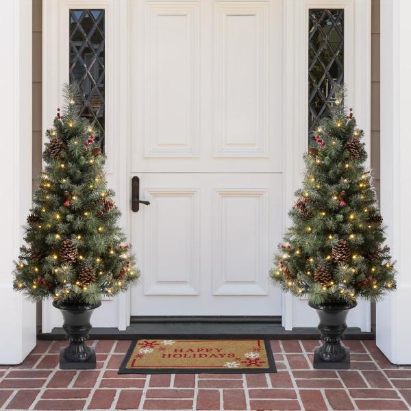 4 ft. Flocked Artificial Christmas Tree with 100 Warm White Light Pinecone and Berries