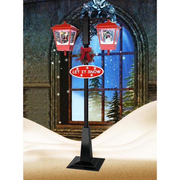 71 in. Double Musical Lamp Post with 2 Red Lanterns and Snow Function