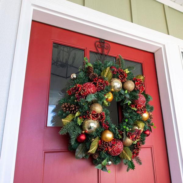 30 in. Pre-Lit LED Scarlet Hydrangea Wreath
