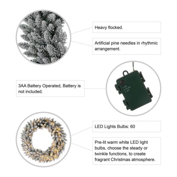36 in. D Pre-Lit Snow Flocked Artificial Christmas Wreath with 60 Nine Functional White/Multi-color LED Light