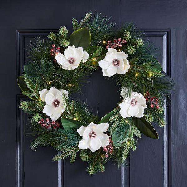 24 in. D Iced Magnolia Berry Pine Artificial Christmas Wreath With Lights