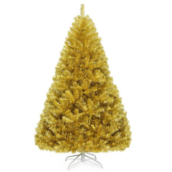 6 ft. Gold Unlit Full PVC Tinsel Hinged Artificial Christmas Tree with Solid Metal Stand
