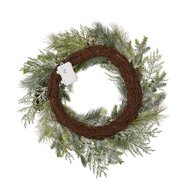 24 in. D Flocked Pinecone and Antler Artificial Christmas Wreath With Lights