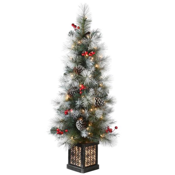 4 ft. Snowy Glacier Pine Entrance Artificial Christmas Tree in Black/Silver Rectangular Pot with 100 Clear Lights