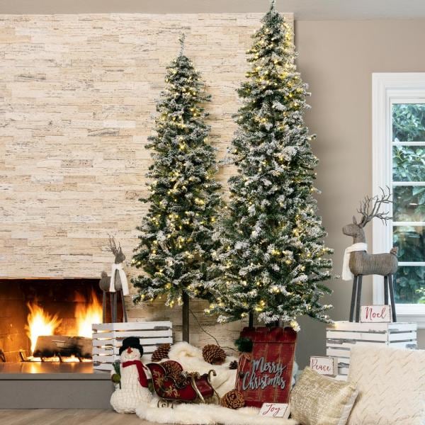6 ft. Pre-Lit LED Flocked Pencil Alpine Artificial Christmas Tree with 250 Warm White Lights