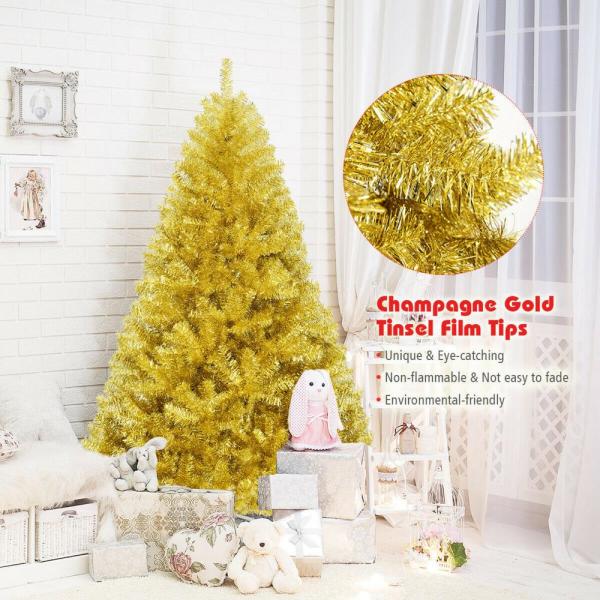 7.5 ft. Gold Unlit Full PVC Tinsel Hinged Artificial Christmas Tree with Solid Metal Stand