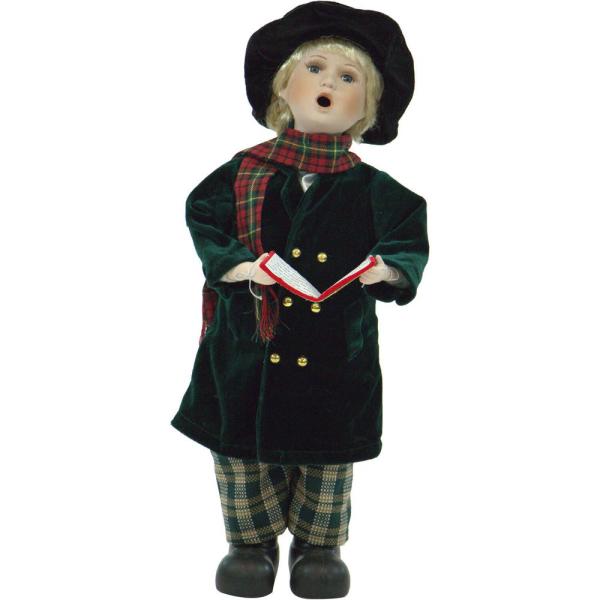 20 in. Christmas Victorian Boy Caroler with Green Velvet Coat, Music and Motion