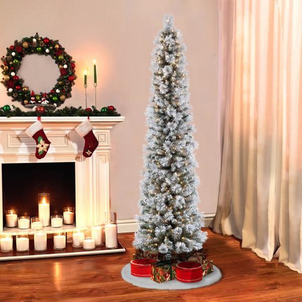 6.5 ft. Pre-Lit Flocked Portland Pencil Artificial Christmas Tree with 300 UL- Listed Clear Lights