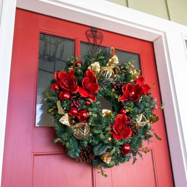 30 in. Pre-Lit LED Red Magnolia Wreath