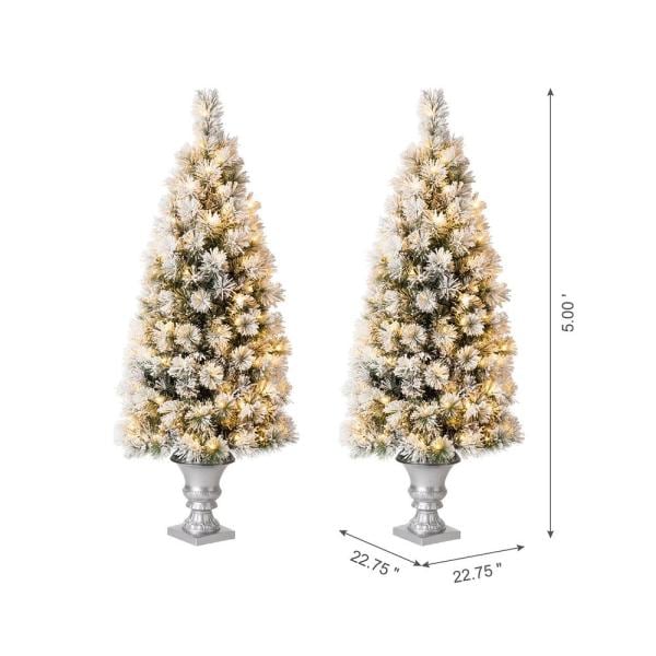 5 ft. Pre-Lit Snow Flocked Pine Artificial Christmas Tree with 150 Warm White Lights (2-Pack)