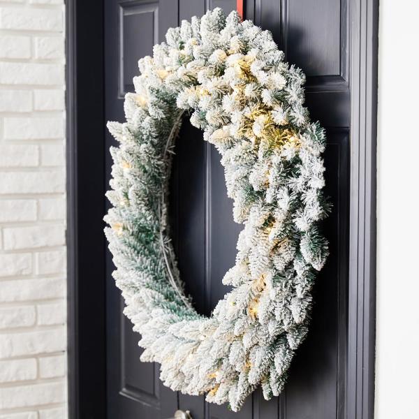 36 in. D Pre-Lit Snow Flocked Artificial Christmas Wreath with 60 Nine Functional White/Multi-color LED Light