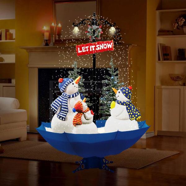 67 in. Musical Snowman Family Scene with Blue Umbrella Base and Snow Function