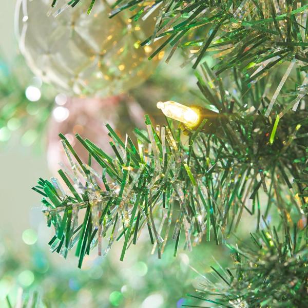 7 ft Silver and Green Tinsel Spruce LED Pre-Lit Artificial Christmas Tree with 300 SureBright Color Changing Mini Lights