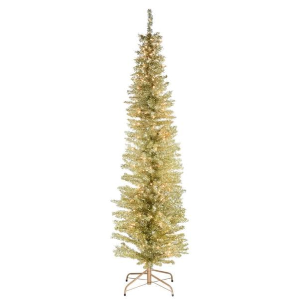 6 ft. Champagne Tinsel Tree with Metal Stand and 150 Clear Lights