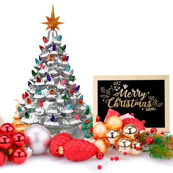 15 in. Silver Ceramic Artificial Christmas Tree Tabletop Luminous Tree